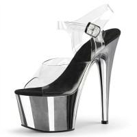 Peep Toe Shiny Electroplated Stiletto Heels Transparent Ankle Buckle Straps Platforms Pumps - Silver