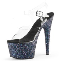 Peep Toe Glitters Stiletto Heels Transparent Ankle Buckle Straps Platforms Pumps - Black
