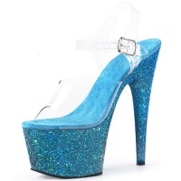 Peep Toe Glitters Stiletto Heels Transparent Ankle Buckle Straps Platforms Pumps - Light Blue
