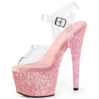 Peep Toe Glitters Stiletto Heels Transparent Ankle Buckle Straps Platforms Pumps - Pink