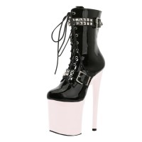 Round Toe Stiletto Heels Gothic Fetish Lace Up Rivets Belt Buckle Straps Platforms Ankle Highs Boots - Beige
