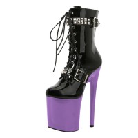 Round Toe Stiletto Heels Gothic Fetish Lace Up Rivets Belt Buckle Straps Platforms Ankle Highs Boots - Purple