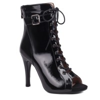 Peep Toe Stiletto Heels Ankle Buckle Straps Lace Up Summer Jazz Night Booties with Back Zipper - Patent