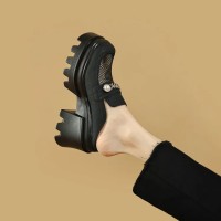 Chunky Heel Mesh Summer Sandals - Genuine Leather - Black