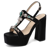 Peep To T Straps Crystal Decorated Chunky Heels Back Straps Platforms Pumps - Black