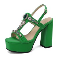 Peep To T Straps Crystal Decorated Chunky Heels Back Straps Platforms Pumps - Green