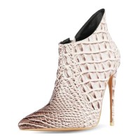 Pointed Toe Stiletto Heels Crocodile Texture Vintage Style Ankle Highs Side Zipper Booties - Beige