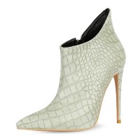 Pointed Toe Stiletto Heels Crocodile Texture Vintage Style Ankle Highs Side Zipper Booties - Sea Green