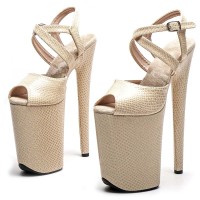 Peep Toe Stiletto Heels Snake Print Ankle Cross Straps Platforms Sandals  - Beige Faux Leather