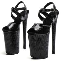 Peep Toe Stiletto Heels Snake Print Ankle Cross Straps Platforms Sandals  - Black Faux Leather
