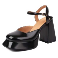 Round Toe Chunky Heels Ankle Buckle Straps Low Platforms Sandals - Black Patent