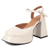 Round Toe Chunky Heels Ankle Buckle Straps Low Platforms Sandals - White Patent