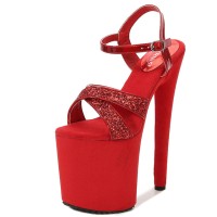 Peep Cross Toe Stiletto Heels Sequined Ankle Buckle Straps Platforms Pumps - Red