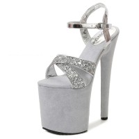 Peep Cross Toe Stiletto Heels Sequined Ankle Buckle Straps Platforms Pumps - Gray