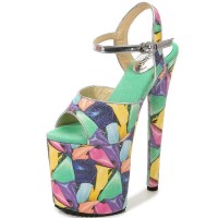 Peep Toe Stiletto Heels Sequined Cloth Print Ankle Buckle Straps Platforms Pumps - Green