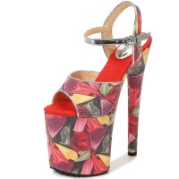 Peep Toe Stiletto Heels Sequined Cloth Print Ankle Buckle Straps Platforms Pumps - Red