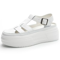 Round Toe Side Straps Summer Leather Flats Beach Roman Sandals - White