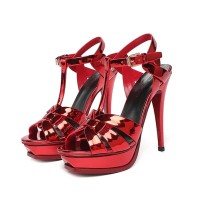 Peep Toe Fish Mouth Stiletto Heels Platforms Ankle Buckle T Straps Summer Elegant Sandals - Metallic Red Patent