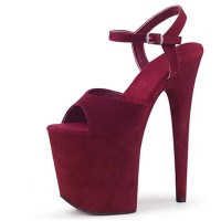 Peep Toe Stiletto Heels Flock Suede Ankle Buckle Straps Platforms Pumps - Burgundy