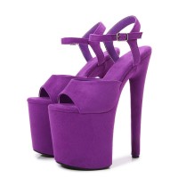 Peep Toe Stiletto Heels Flock Suede Ankle Buckle Straps Platforms Pumps - Purple