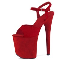Peep Toe Stiletto Heels Flock Suede Ankle Buckle Straps Platforms Pumps - Red