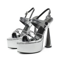 Pointed Open Toe Ankle Buckle Straps Strange Heels Platforms Sandals - Silver