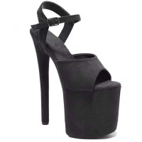 Peep Toe Stiletto Heels Ankle Buckle Straps Platforms Sandals - Black Flock