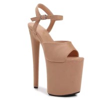 Peep Toe Stiletto Heels Ankle Buckle Straps Platforms Sandals - Tan Flock