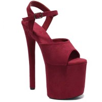 Peep Toe Stiletto Heels Ankle Buckle Straps Platforms Sandals - Burgundy Flock