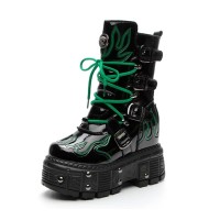 Round Toe Platforms Ankle Highs Punk Gothic Lace Up Side Zipper Belt Buckle Straps Boots - Green