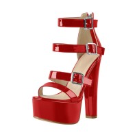 Peep Toe Block Heels Ankle Buckle Straps Back Zipper Platforms Sandals - Red