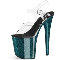 Peep Toe Stiletto Heels Crystal Glitter Transparent Ankle Buckle Straps Platforms Pumps - Green Black 