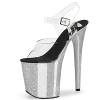 Peep Toe Stiletto Heels Crystal Glitter Transparent Ankle Buckle Straps Platforms Pumps - Silver Black 