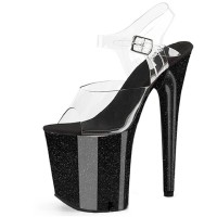Peep Toe Stiletto Heels Crystal Glitter PVC Ankle Buckle Straps Platforms Pumps - Black Transparent