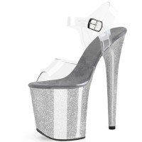 Peep Toe Stiletto Heels Crystal Glitter PVC Ankle Buckle Straps Platforms Pumps - Silver Transparent