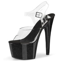 Peep Toe Stiletto Heels Crystal Glitter PVC Ankle Buckle Straps Platforms Pumps - Black