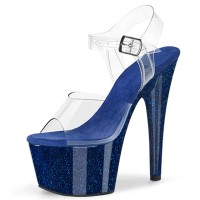 Peep Toe Stiletto Heels Crystal Glitter PVC Ankle Buckle Straps Platforms Pumps - Blue