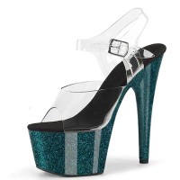 Peep Toe Stiletto Heels Crystal Glitter PVC Ankle Buckle Straps Platforms Pumps - Green Black