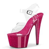 Peep Toe Stiletto Heels Crystal Glitter PVC Ankle Buckle Straps Platforms Pumps - Hot Pink