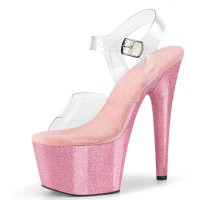 Peep Toe Stiletto Heels Crystal Glitter PVC Ankle Buckle Straps Platforms Pumps - Pink
