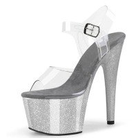 Peep Toe Stiletto Heels Crystal Glitter PVC Ankle Buckle Straps Platforms Pumps - Silver