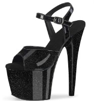 Peep Toe Stiletto Heels Pearlescent Crystal Glitter Patent Ankle Buckle Straps Platforms Pumps - Black