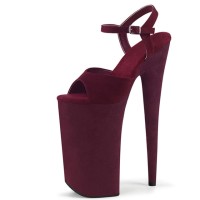 Peep Toe Stiletto Heels Suede Ankle Buckle Straps Platforms Pumps - Burgundy