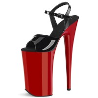Peep Toe Stiletto Heels Glossy Ankle Buckle Straps Platforms Pumps - Black Red
