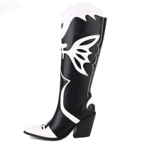 Pointed Toe Chunky Heels Knee Highs Western Butterfly Cowgirl Boots - Black Faux Leather