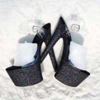 Peep Toe Shiny Stiletto Heels Sequin Wrapped Transparent Ankle Buckle Straps Platforms Pumps - Black