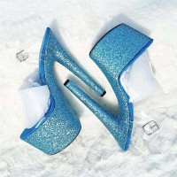 Peep Toe Shiny Stiletto Heels Sequin Wrapped Transparent Ankle Buckle Straps Platforms Pumps - Blue