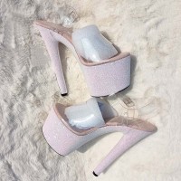Peep Toe Shiny Stiletto Heels Sequin Wrapped Transparent Ankle Buckle Straps Platforms Pumps - Light Pink