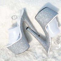 Peep Toe Shiny Stiletto Heels Sequin Wrapped Transparent Ankle Buckle Straps Platforms Pumps - Silver
