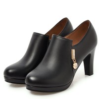 Round Toe Side Zipper Elegant Block Heels Short Boots Pumps - Black